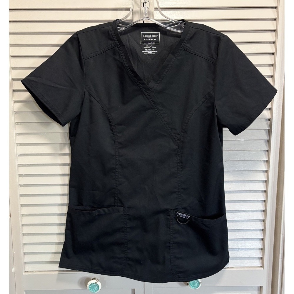 Cherokee Workwear Black Scrub Top Short Sleeve V Neck Pockets Size XS Logo